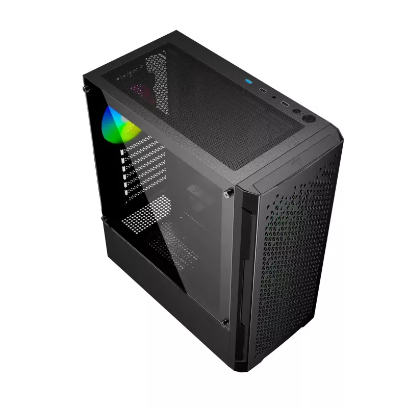 PC korpuss GEMBIRD Fornax 400X Midi Tower melns — ATX, rūdītais stikls, RGB ventilatori, 4x 2,5 collu nodalījumi, 2x USB 3.0
