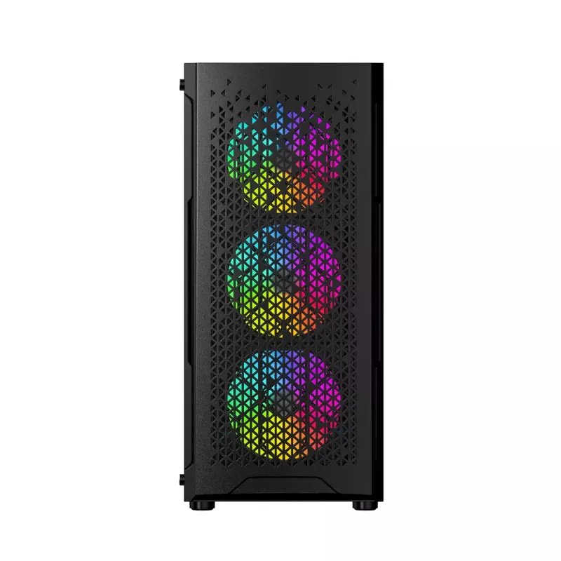 PC korpuss GEMBIRD Fornax 400X Midi Tower melns — ATX, rūdītais stikls, RGB ventilatori, 4x 2,5 collu nodalījumi, 2x USB 3.0