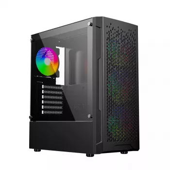PC korpuss GEMBIRD Fornax 400X Midi Tower melns — ATX, rūdītais stikls, RGB ventilatori, 4x 2,5 collu nodalījumi, 2x USB 3.0