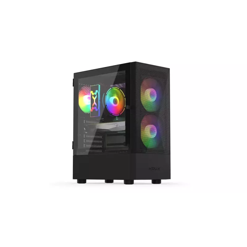 Datora korpuss KRUX VAKO KRX0132 ATX melns — rūdītais stikls, RGB, atbalsta Mini‑ATX, GPU līdz 31 cm, CPU dzesētājs līdz 15,9 cm
