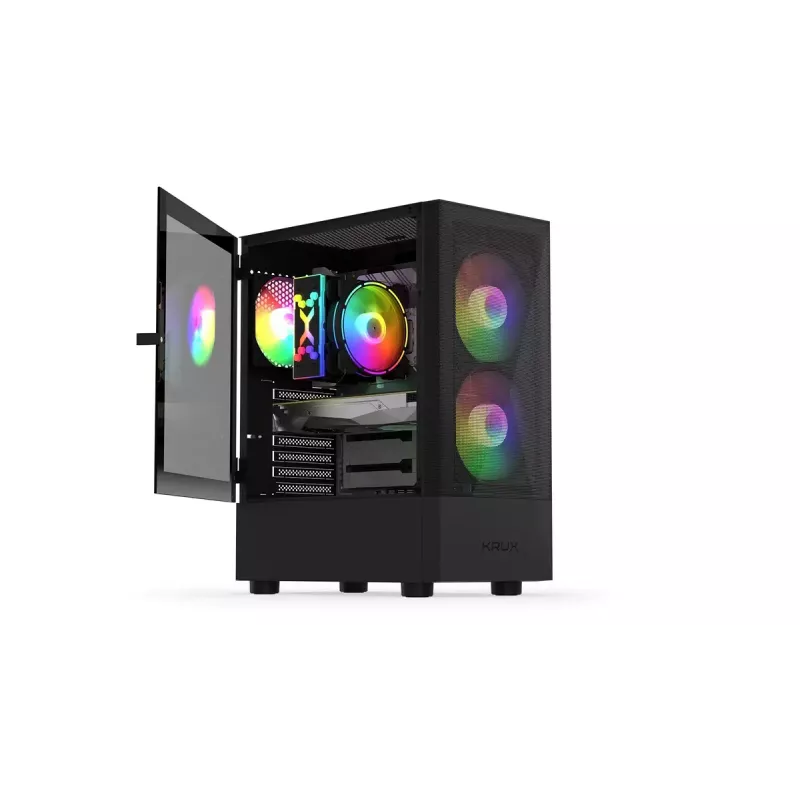 Datora korpuss KRUX VAKO KRX0132 ATX melns — rūdītais stikls, RGB, atbalsta Mini‑ATX, GPU līdz 31 cm, CPU dzesētājs līdz 15,9 cm