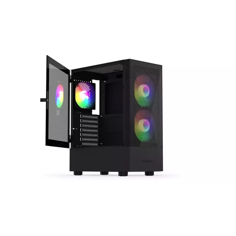 Datora korpuss KRUX VAKO KRX0132 ATX melns — rūdītais stikls, RGB, atbalsta Mini‑ATX, GPU līdz 31 cm, CPU dzesētājs līdz 15,9 cm