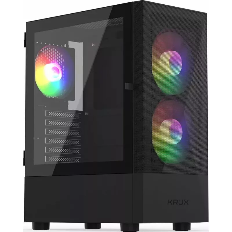 Datora korpuss KRUX VAKO KRX0132 ATX melns — rūdītais stikls, RGB, atbalsta Mini‑ATX, GPU līdz 31 cm, CPU dzesētājs līdz 15,9 cm