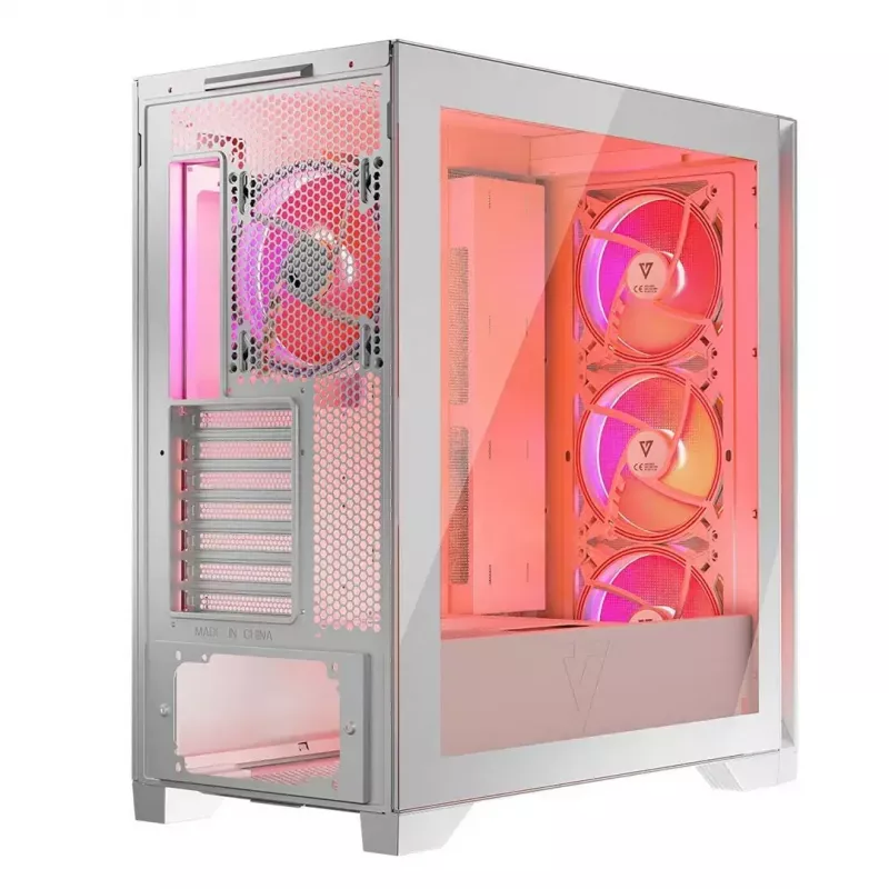 PC korpuss MODECOM VOLCANO EXPANSE S APEX ARGB Midi Tower balts — rūdīts stikls, ARGB, atbalsta micro ATX, GPU līdz 430 mm
