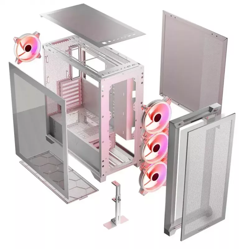 PC korpuss MODECOM VOLCANO EXPANSE S APEX ARGB Midi Tower balts — rūdīts stikls, ARGB, atbalsta micro ATX, GPU līdz 430 mm
