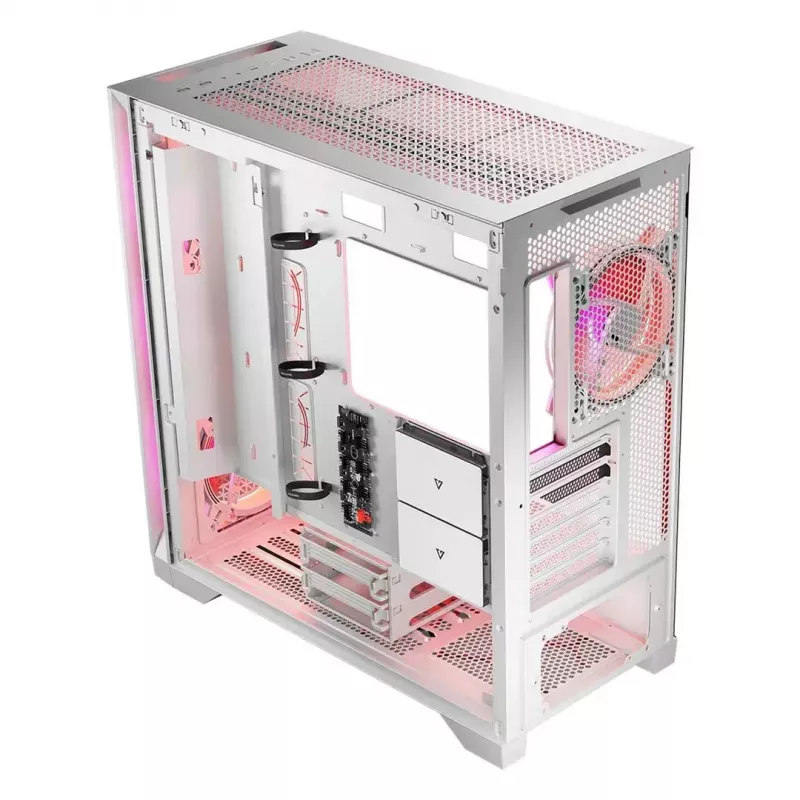 PC Case MODECOM VOLCANO EXPANSE T APEX ARGB MIDI balta — rūdīts stikls, ARGB, USB-C, atbalsta micro-ATX, GPU līdz 430 mm
