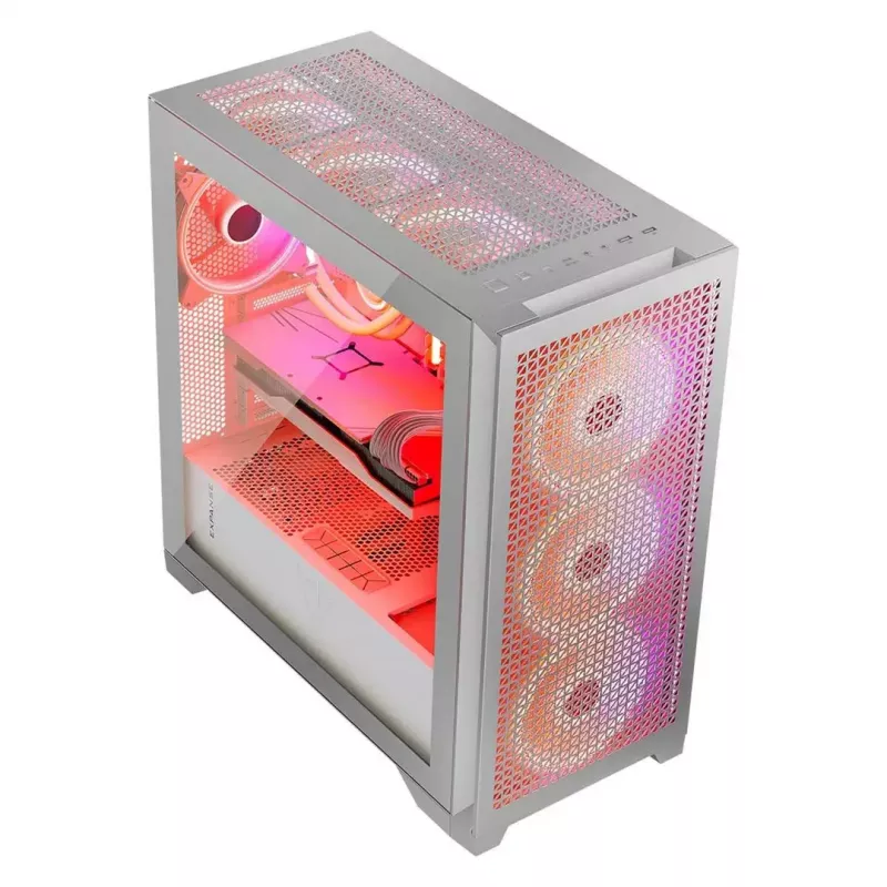 PC Case MODECOM VOLCANO EXPANSE T APEX ARGB MIDI balta — rūdīts stikls, ARGB, USB-C, atbalsta micro-ATX, GPU līdz 430 mm