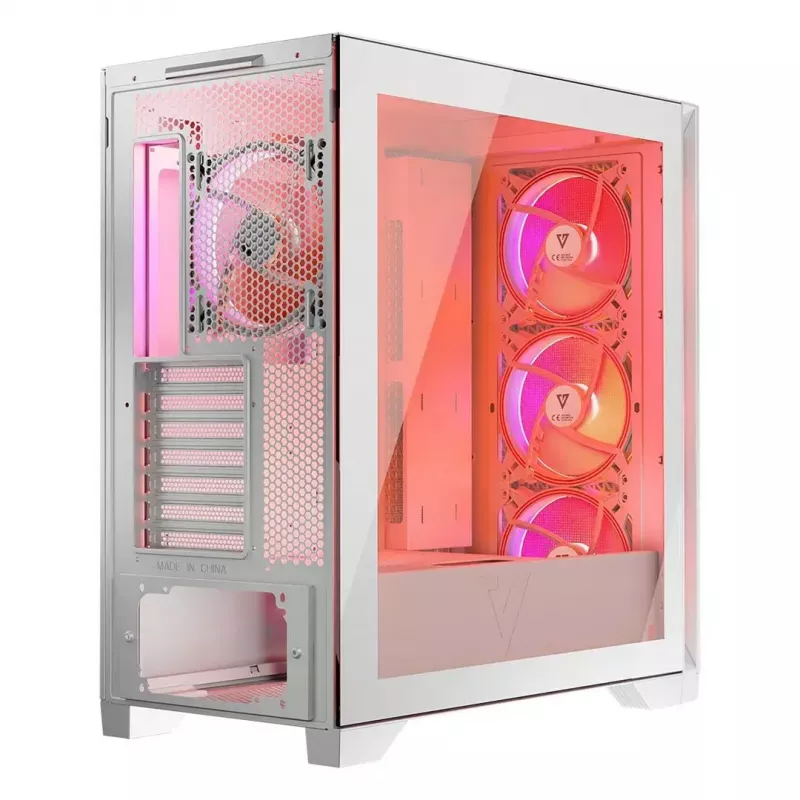 PC Case MODECOM VOLCANO EXPANSE T APEX ARGB MIDI balta — rūdīts stikls, ARGB, USB-C, atbalsta micro-ATX, GPU līdz 430 mm