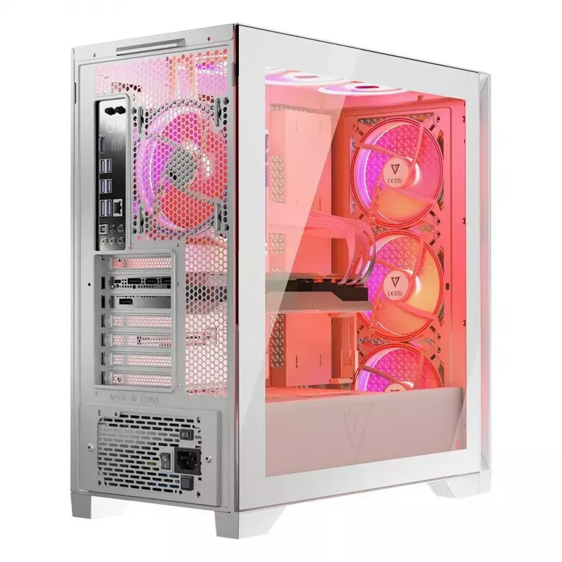 PC Case MODECOM VOLCANO EXPANSE T APEX ARGB MIDI balta — rūdīts stikls, ARGB, USB-C, atbalsta micro-ATX, GPU līdz 430 mm
