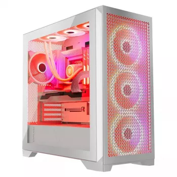 PC Case MODECOM VOLCANO EXPANSE T APEX ARGB MIDI balta — rūdīts stikls, ARGB, USB-C, atbalsta micro-ATX, GPU līdz 430 mm