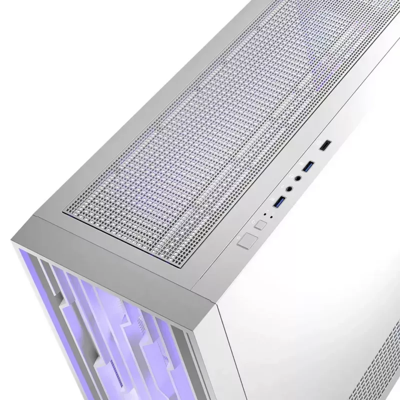 Datora korpuss MODECOM Volcano Perun Apex ARGB balts — Midi tornis, rūdīts stikls, ARGB, USB-C, atbalsta micro ATX, GPU līdz 39 cm