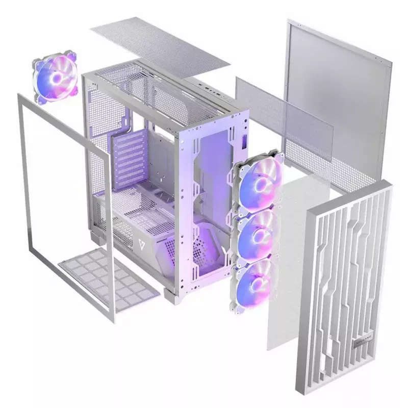 Datora korpuss MODECOM Volcano Perun Apex ARGB balts — Midi tornis, rūdīts stikls, ARGB, USB-C, atbalsta micro ATX, GPU līdz 39 cm