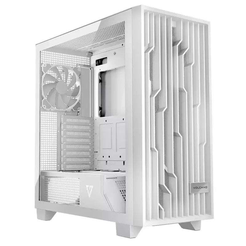 Datora korpuss MODECOM Volcano Perun Apex ARGB balts — Midi tornis, rūdīts stikls, ARGB, USB-C, atbalsta micro ATX, GPU līdz 39 cm