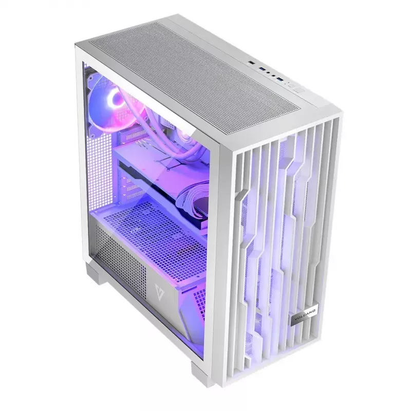 Datora korpuss MODECOM Volcano Perun Apex ARGB balts — Midi tornis, rūdīts stikls, ARGB, USB-C, atbalsta micro ATX, GPU līdz 39 cm
