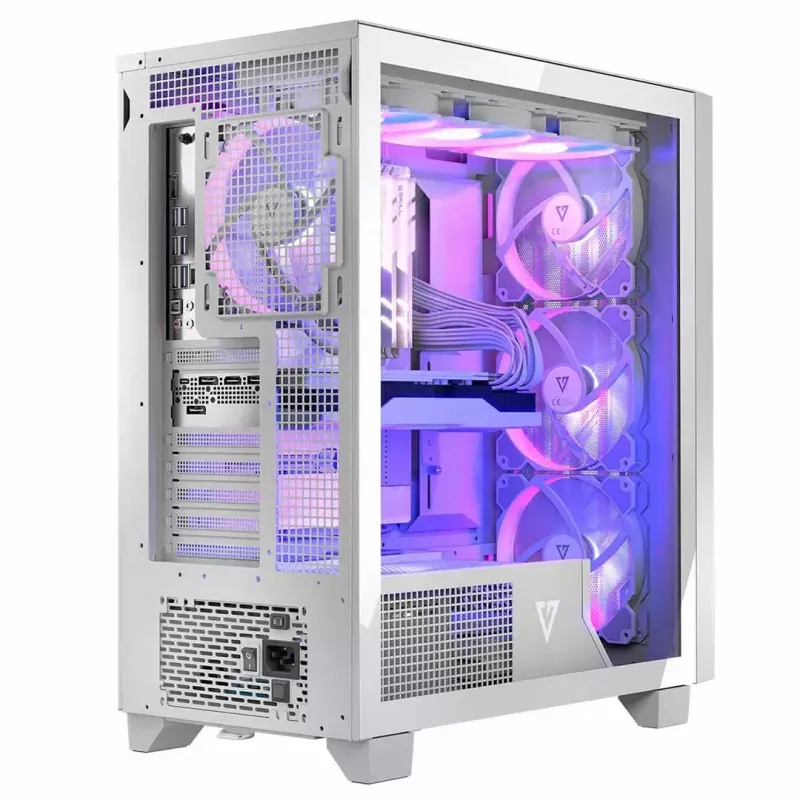 Datora korpuss MODECOM Volcano Perun Apex ARGB balts — Midi tornis, rūdīts stikls, ARGB, USB-C, atbalsta micro ATX, GPU līdz 39 cm