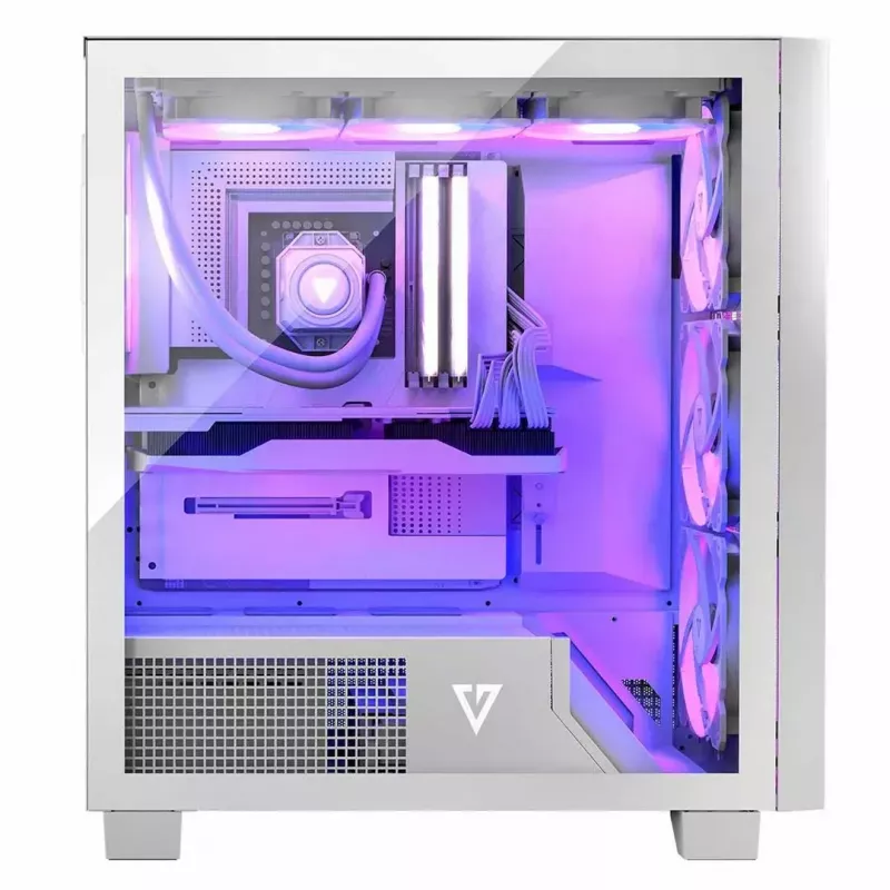 Datora korpuss MODECOM Volcano Perun Apex ARGB balts — Midi tornis, rūdīts stikls, ARGB, USB-C, atbalsta micro ATX, GPU līdz 39 cm