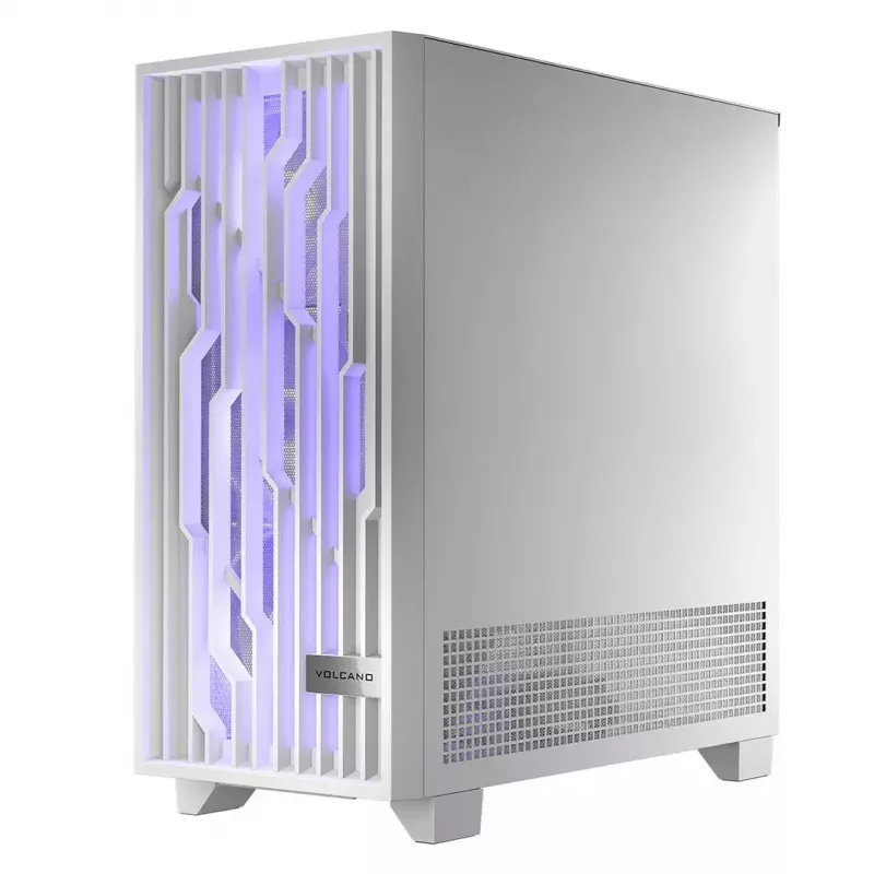 Datora korpuss MODECOM Volcano Perun Apex ARGB balts — Midi tornis, rūdīts stikls, ARGB, USB-C, atbalsta micro ATX, GPU līdz 39 cm
