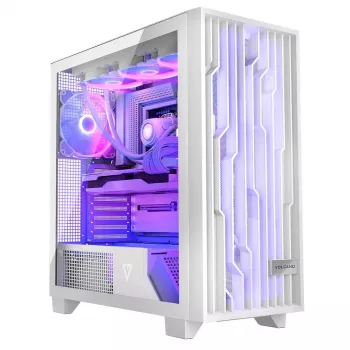 Datora korpuss MODECOM Volcano Perun Apex ARGB balts — Midi tornis, rūdīts stikls, ARGB, USB-C, atbalsta micro ATX, GPU līdz 39 cm