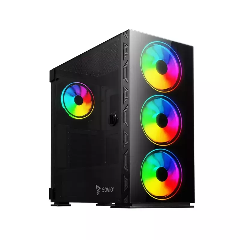 PC Case SAVIO Prime X1 ARGB Glass Midi Tower Melns — rūdīts stikls, ARGB ventilatori, micro ATX/ATX atbalsts