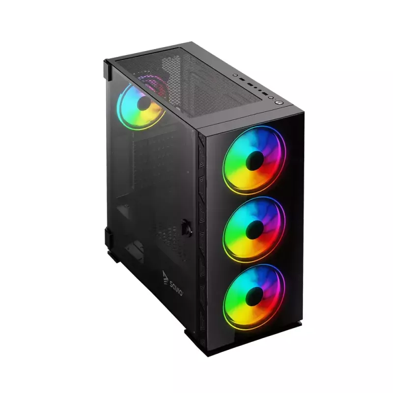 PC Case SAVIO Prime X1 ARGB Glass Midi Tower Melns — rūdīts stikls, ARGB ventilatori, micro ATX/ATX atbalsts
