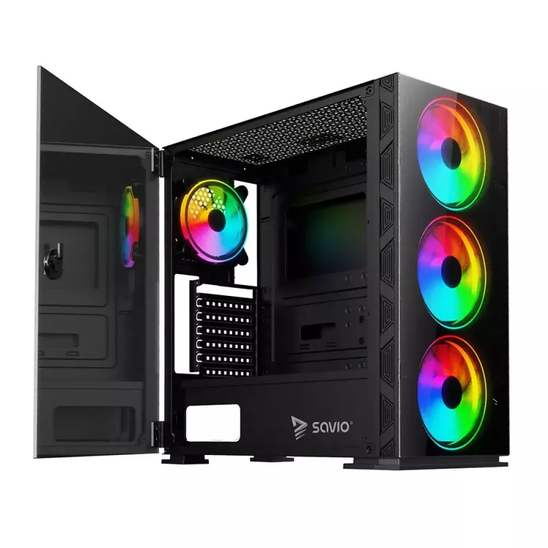 PC Case SAVIO Prime X1 ARGB Glass Midi Tower Melns — rūdīts stikls, ARGB ventilatori, micro ATX/ATX atbalsts