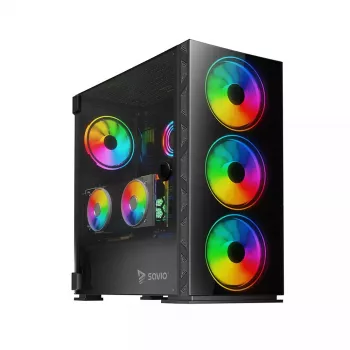 PC Case SAVIO Prime X1 ARGB Glass Midi Tower Melns — rūdīts stikls, ARGB ventilatori, micro ATX/ATX atbalsts