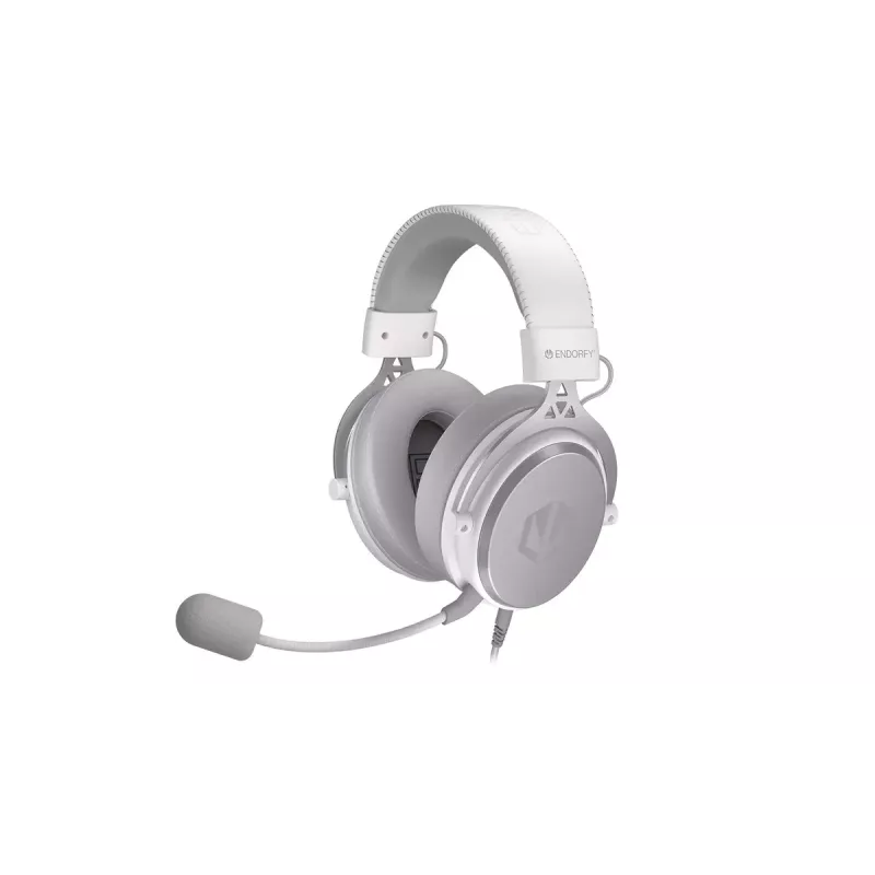 Vadu binaurālās austiņas ENDORFY VIRO Plus USB Onyx balta — 5.3 cm draiveri, 20–20000 Hz, 98 dB, 32 Ω, noņemams mikrofons ar strēli, 2.9 m kabelis