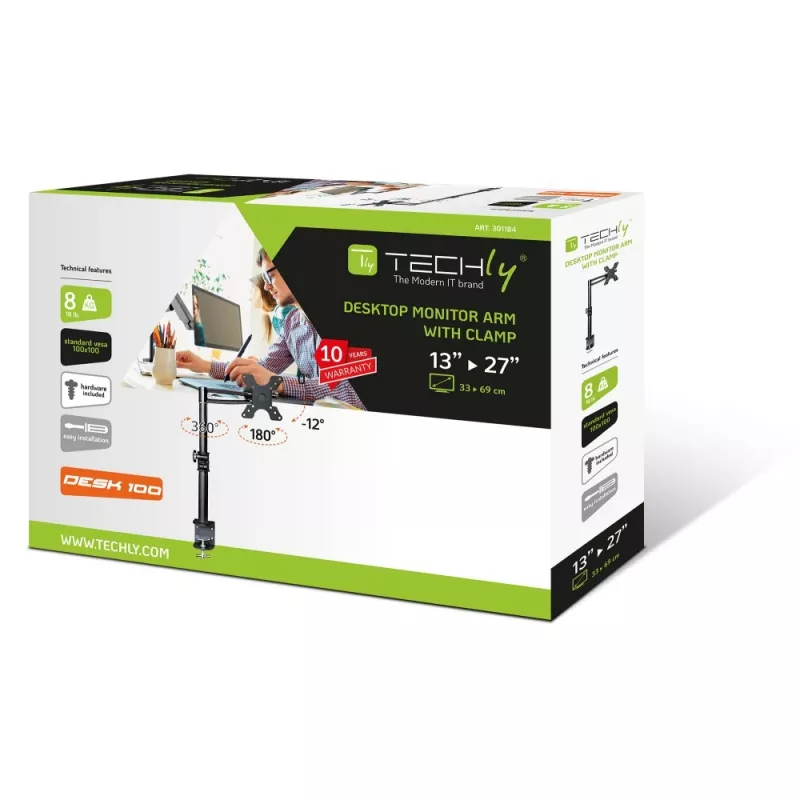 Techly 13-27 collu galda statīvs monitoram, vidējā svira, noliekama, ICA-LCD 501BK