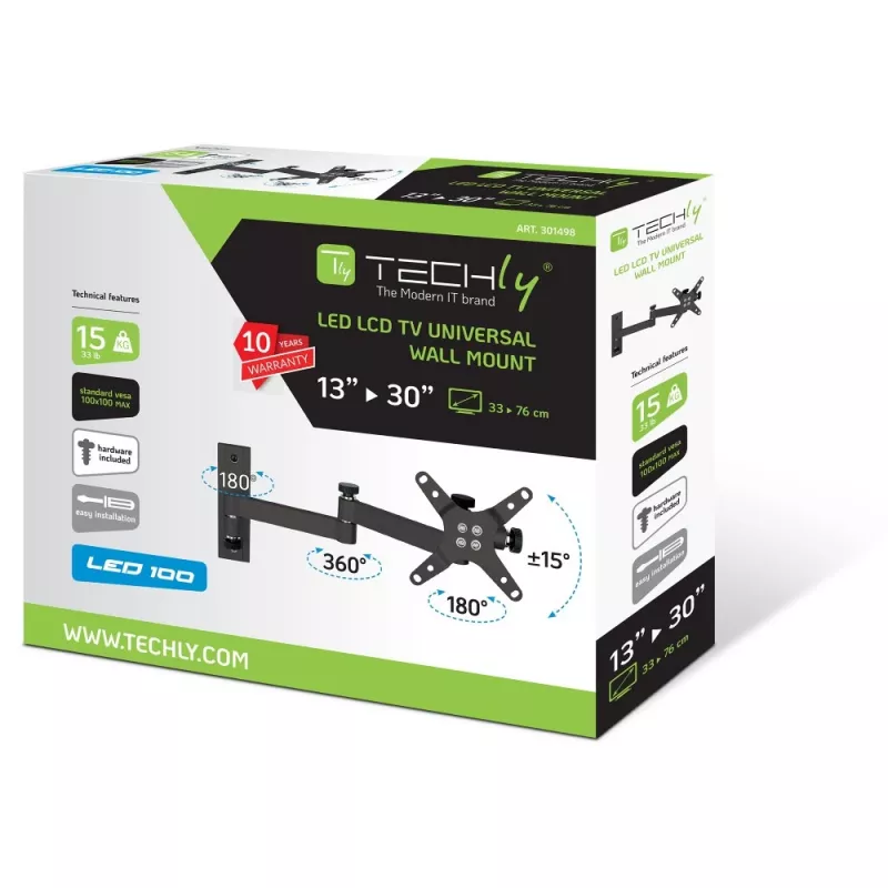 Techly 13-30 collu sienas kronšteins LED LCD TV ar slīpumu, 3 savienojumi, melns” ICA-LCD 104BK