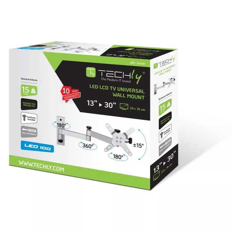 Techly 13-30 collu sienas stiprinājuma kronšteins LED TV LCD noliecams 3 savienojumi Sudraba krāsā” ICA-LCD 104