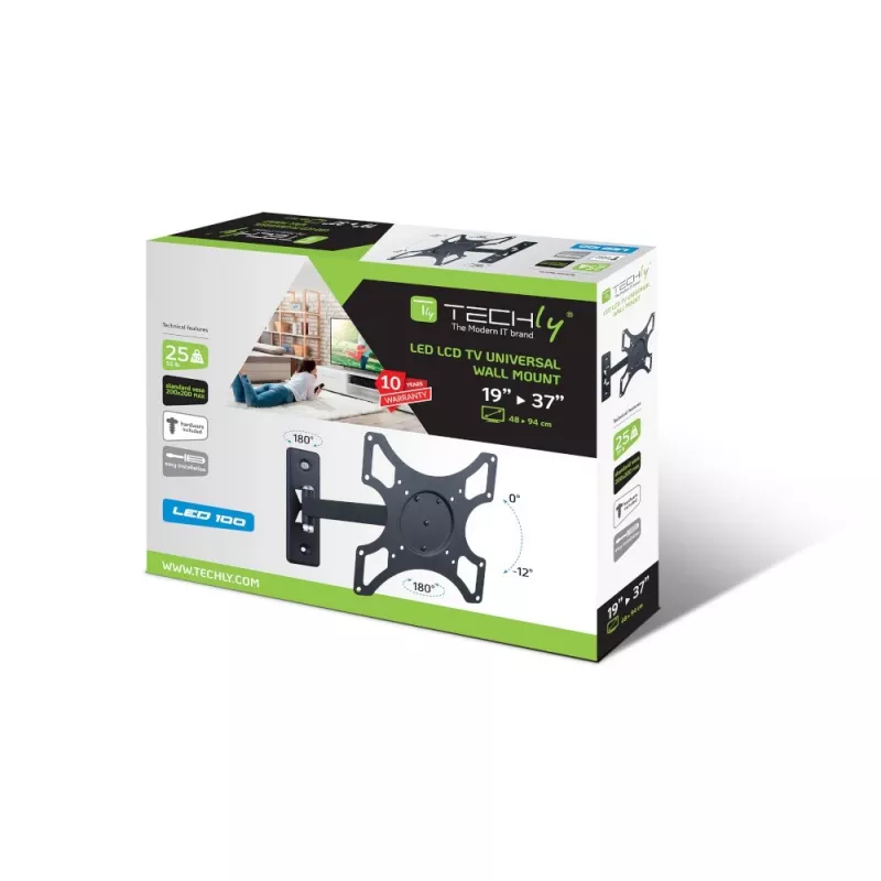 Techly 19-37 collu sienas stiprinājums LED LCD televizoram, noliecams, 2 eņģes, melns ICA-LCD 2901