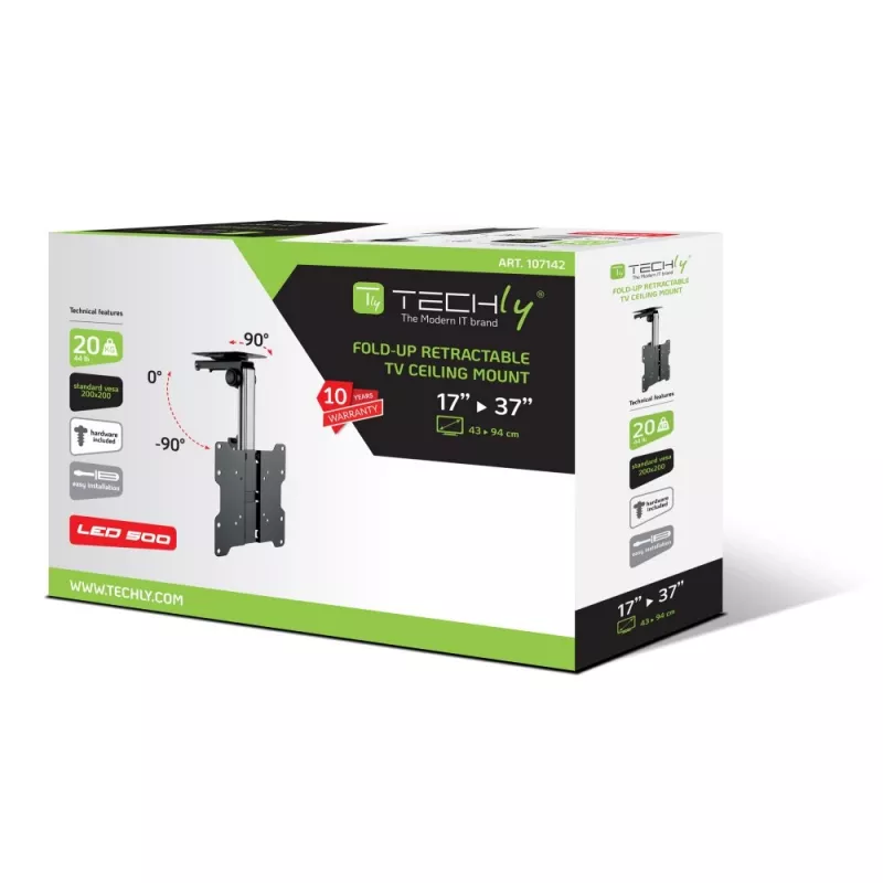 Techly salokāms ievelkams griestu kronšteins televizoram LED/LCD 17 collas–37 collas, melns