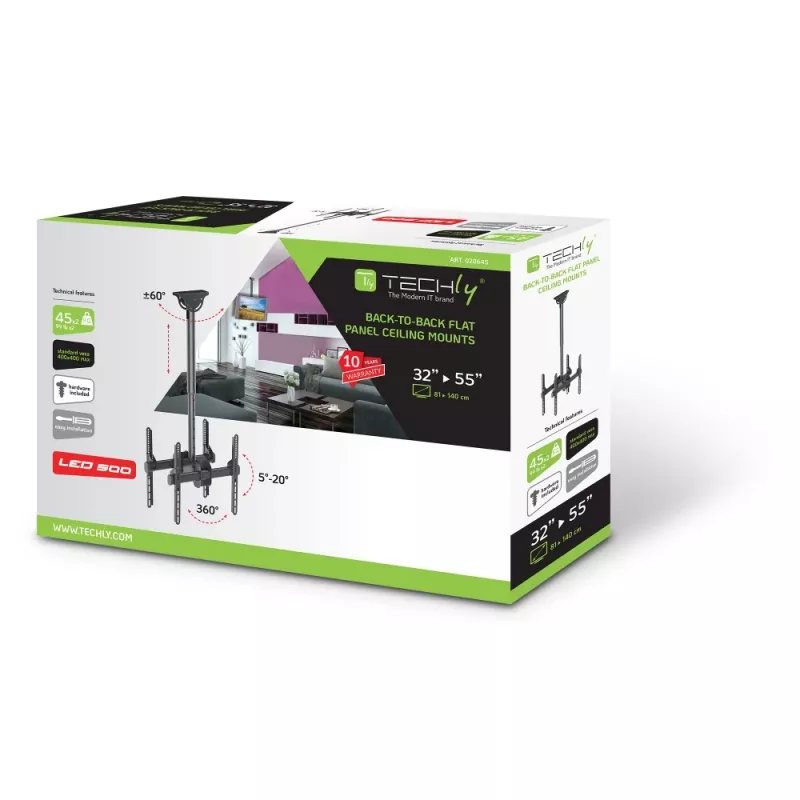 Techly teleskopisks universāls griestu stiprinājums diviem televizoriem LED LCD 32-55 collas ICA-CPLB 944D