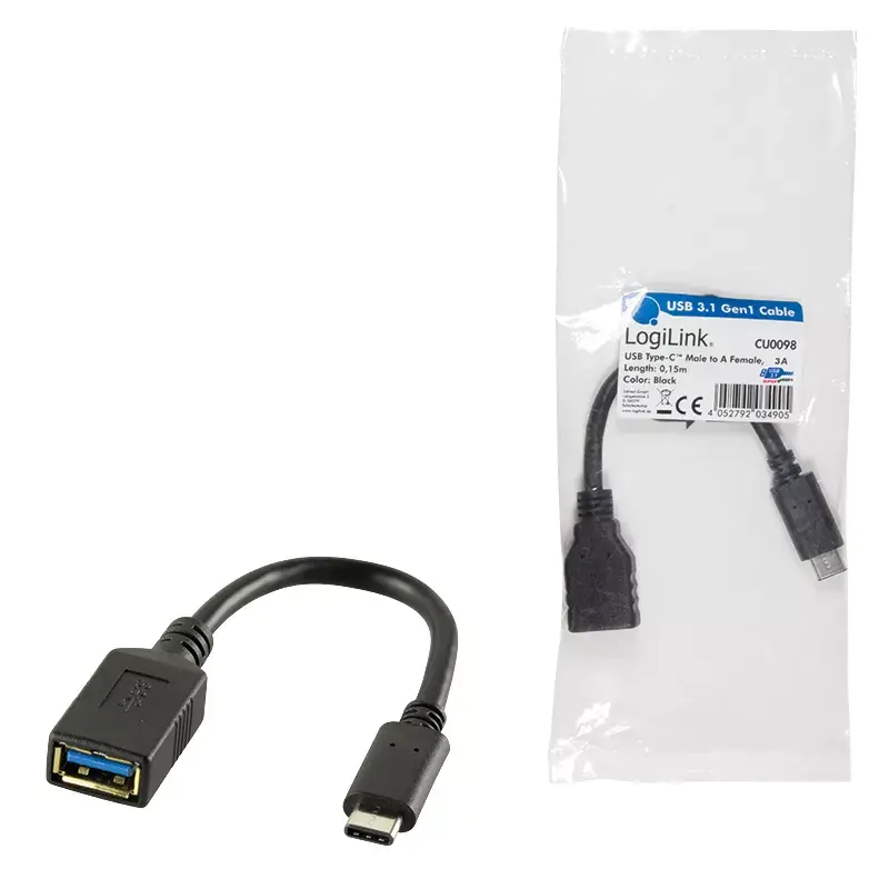 USB kabelis LogiLink USB C - USB A 0.15m CU0098 Melns