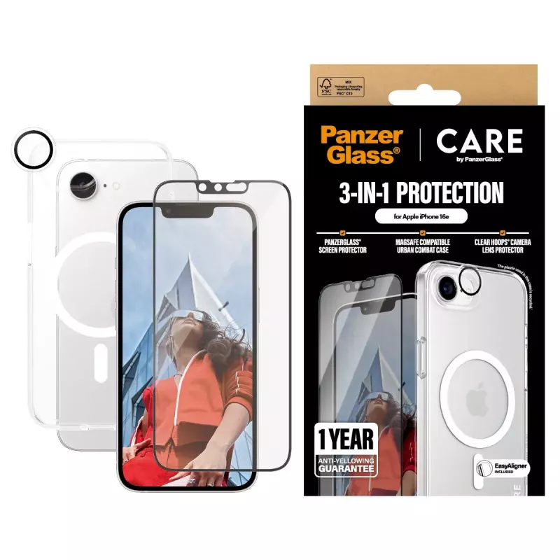 PanzerGlass CARE by ® Flagship 3-in-1 komplekts iPhone 16e Pret skrāpējumiem un triecieniem izturīgs