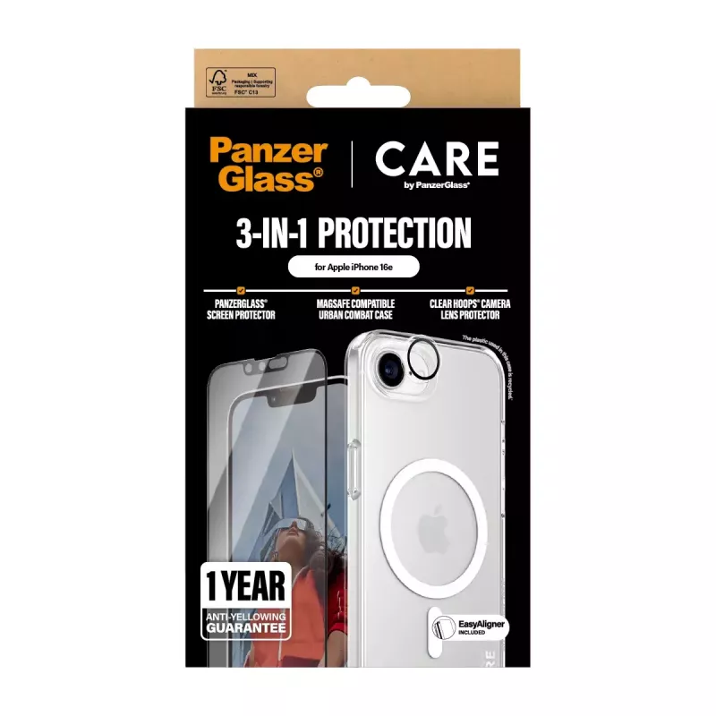 PanzerGlass CARE by ® Flagship 3-in-1 komplekts iPhone 16e Pret skrāpējumiem un triecieniem izturīgs