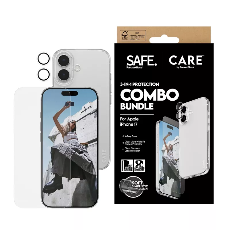 PanzerGlass 3-in-1 Combo Bundle for iPhone 17 — ekrāna aizsargs, kameras objektīva aizsargs un maciņš