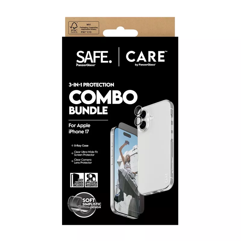 PanzerGlass 3-in-1 Combo Bundle for iPhone 17 — ekrāna aizsargs, kameras objektīva aizsargs un maciņš