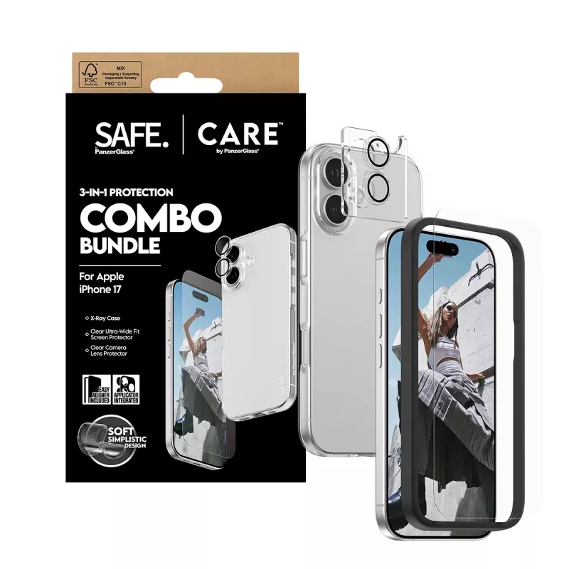 PanzerGlass 3-in-1 Combo Bundle for iPhone 17 — ekrāna aizsargs, kameras objektīva aizsargs un maciņš