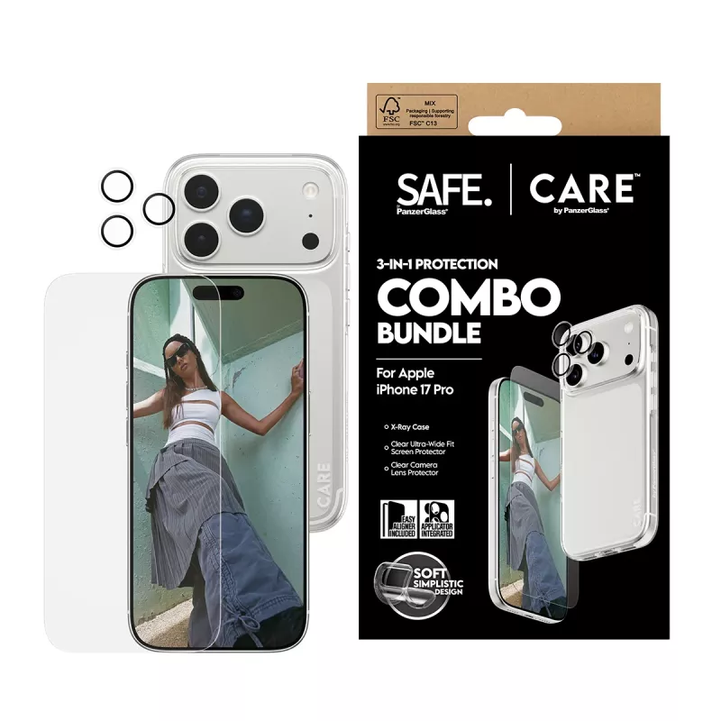PanzerGlass 3-in-1 Combo Bundle iPhone 17 Pro CR40572 — ekrāna aizsargs, kameras pārsegs un maciņš