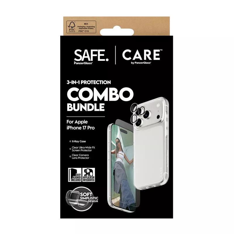 PanzerGlass 3-in-1 Combo Bundle iPhone 17 Pro CR40572 — ekrāna aizsargs, kameras pārsegs un maciņš