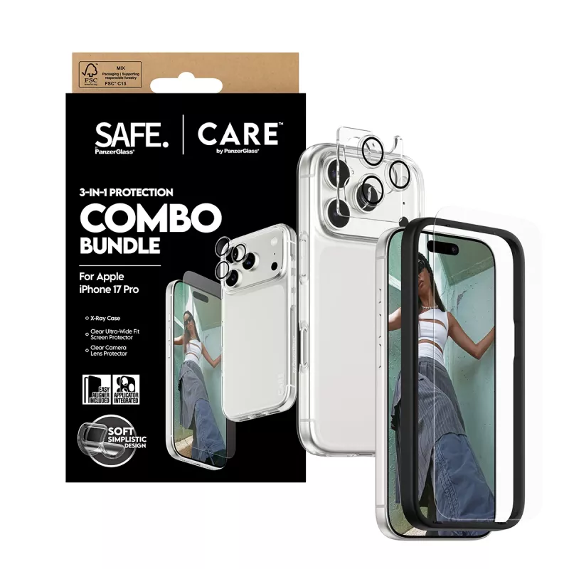PanzerGlass 3-in-1 Combo Bundle iPhone 17 Pro CR40572 — ekrāna aizsargs, kameras pārsegs un maciņš