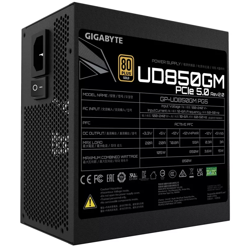 GIGABYTE UD850GM PG5 V2 Strāvas Padeves Bloks - PCIe Gen 5.1, 80 PLUS Gold, Pilnībā Modulārs Dizains, 120 mm Ventilators, ATX 3.1 Saderīgs, ES Kontaktdakša