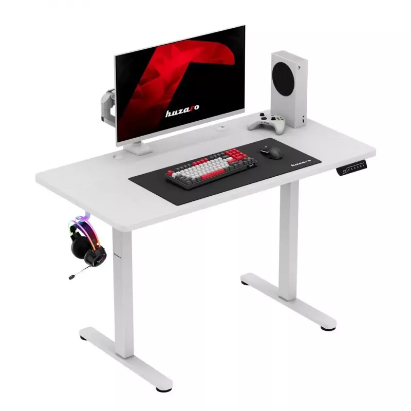 Spēļu galds huzaro Hero 8.1 — balts elektriski regulējams augstuma galds 120×60 cm, 720–1180 mm, 50 kg ietilpība, kabeļu pārvaldība