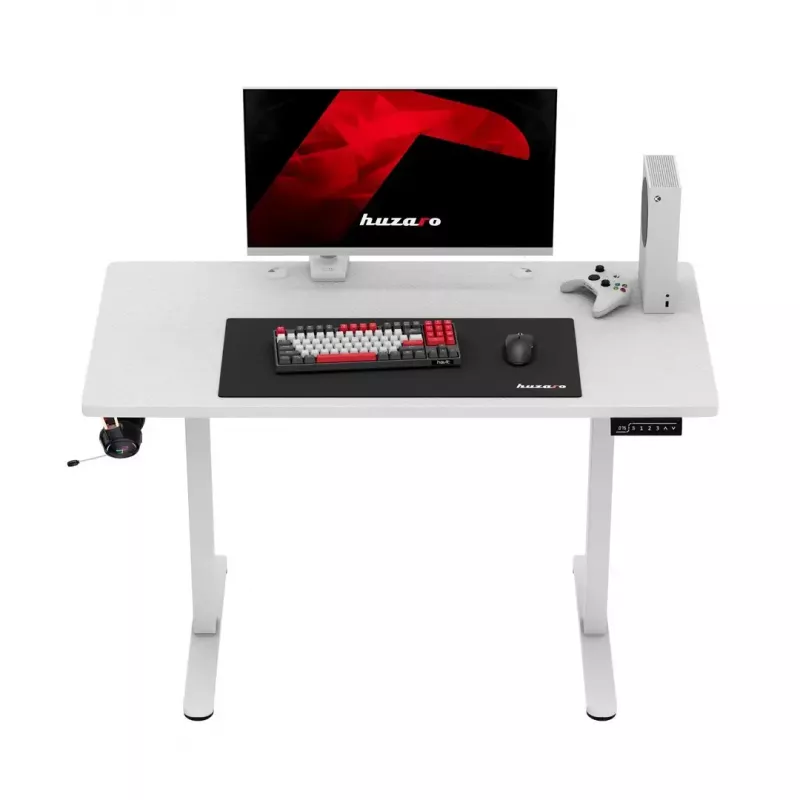 Spēļu galds huzaro Hero 8.1 — balts elektriski regulējams augstuma galds 120×60 cm, 720–1180 mm, 50 kg ietilpība, kabeļu pārvaldība