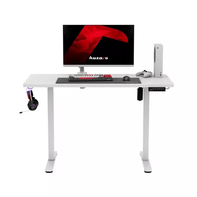 Spēļu galds huzaro Hero 8.1 — balts elektriski regulējams augstuma galds 120×60 cm, 720–1180 mm, 50 kg ietilpība, kabeļu pārvaldība