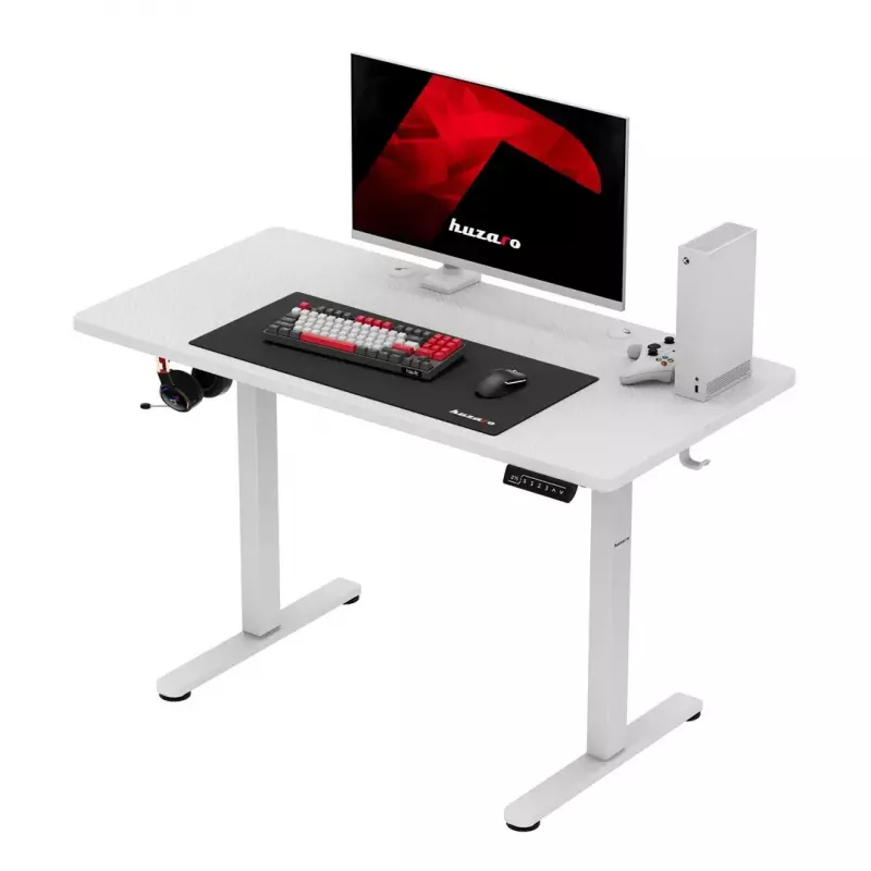 Spēļu galds huzaro Hero 8.1 — balts elektriski regulējams augstuma galds 120×60 cm, 720–1180 mm, 50 kg ietilpība, kabeļu pārvaldība