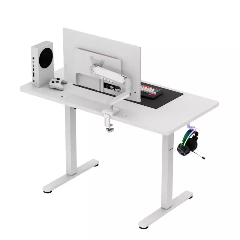 Spēļu galds huzaro Hero 8.1 — balts elektriski regulējams augstuma galds 120×60 cm, 720–1180 mm, 50 kg ietilpība, kabeļu pārvaldība