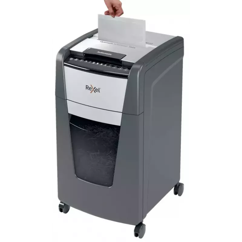 Rexel Optimum Auto+ 300M papīra smalcinātājs Mikrogriešana 55 dB 23 cm Melns, Pelēks