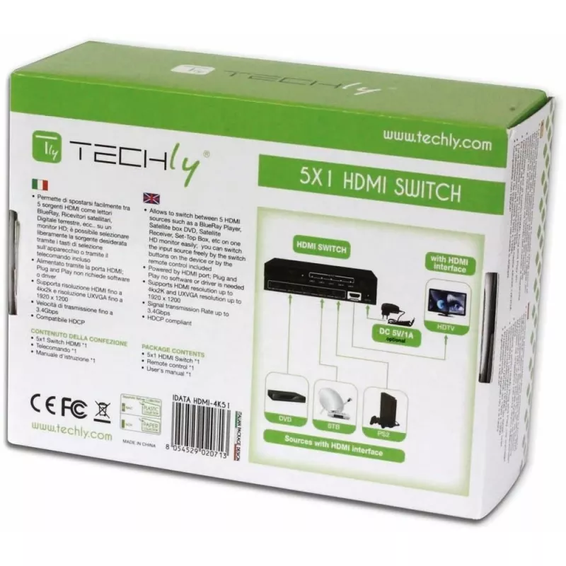 Techly 5 IN 1 OUT HDMI slēdzis ar tālvadību, 4Kx2K, 3D IDATA HDMI-4K51